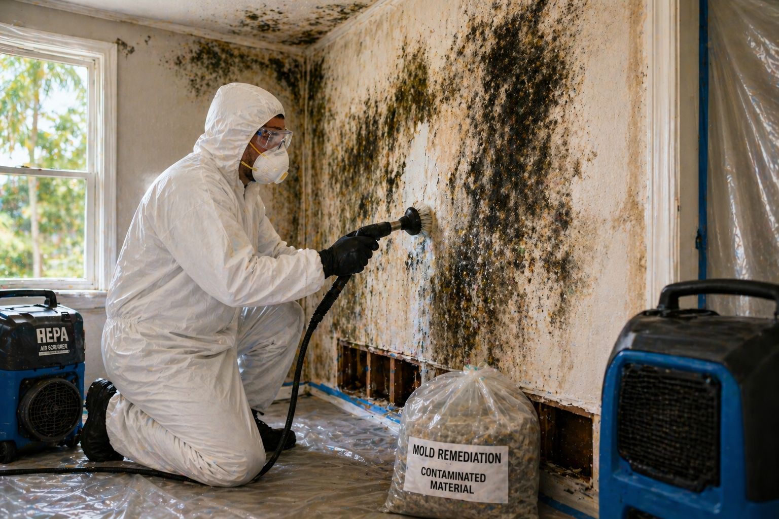 Mold remediation services in Miami Beach with technician removing mold from wall using professional equipment inside home