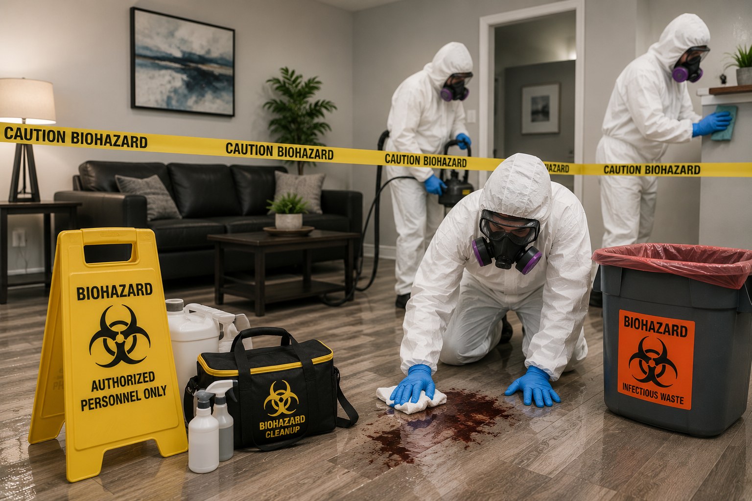 Biohazard and trauma cleanup professionals disinfecting a contaminated residential property while wearing protective suits