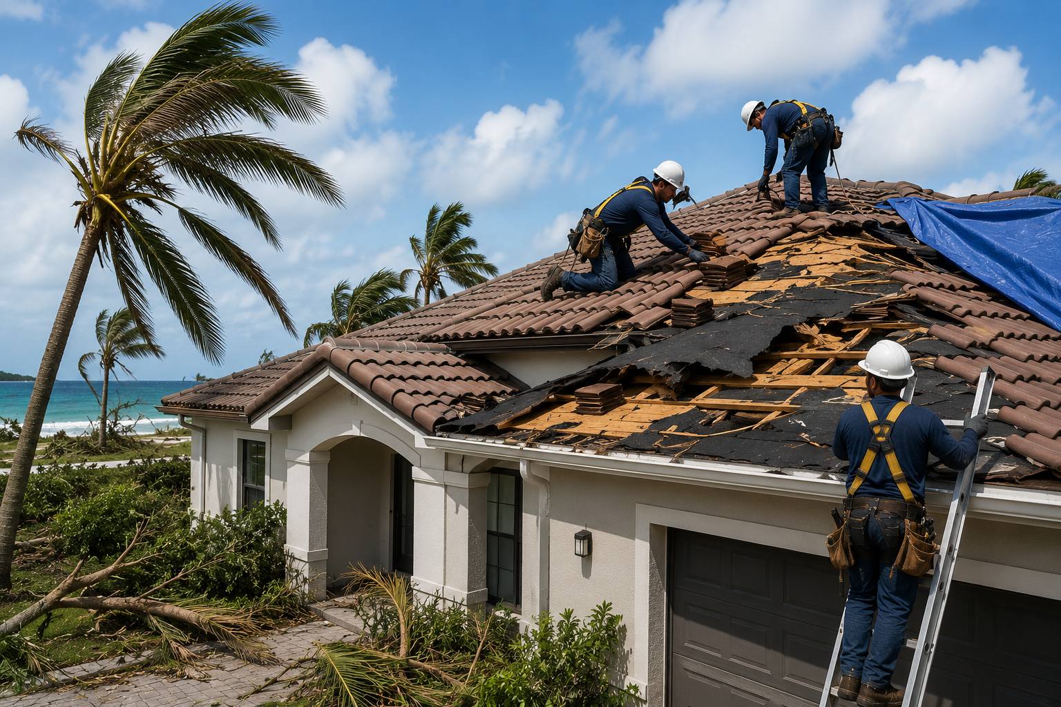Roof repair crew restoring hurricane and wind-damaged roofing on a coastal home in Miami Beach
