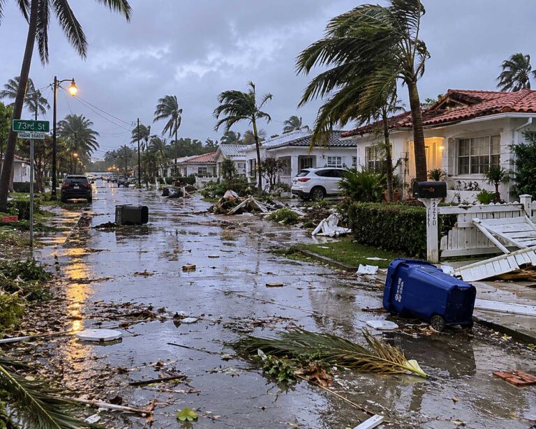 Hurricane damage in a Miami Beach residential neighborhood with flooded streets, scattered debris, damaged fences, and strong winds bending palm trees near homes.