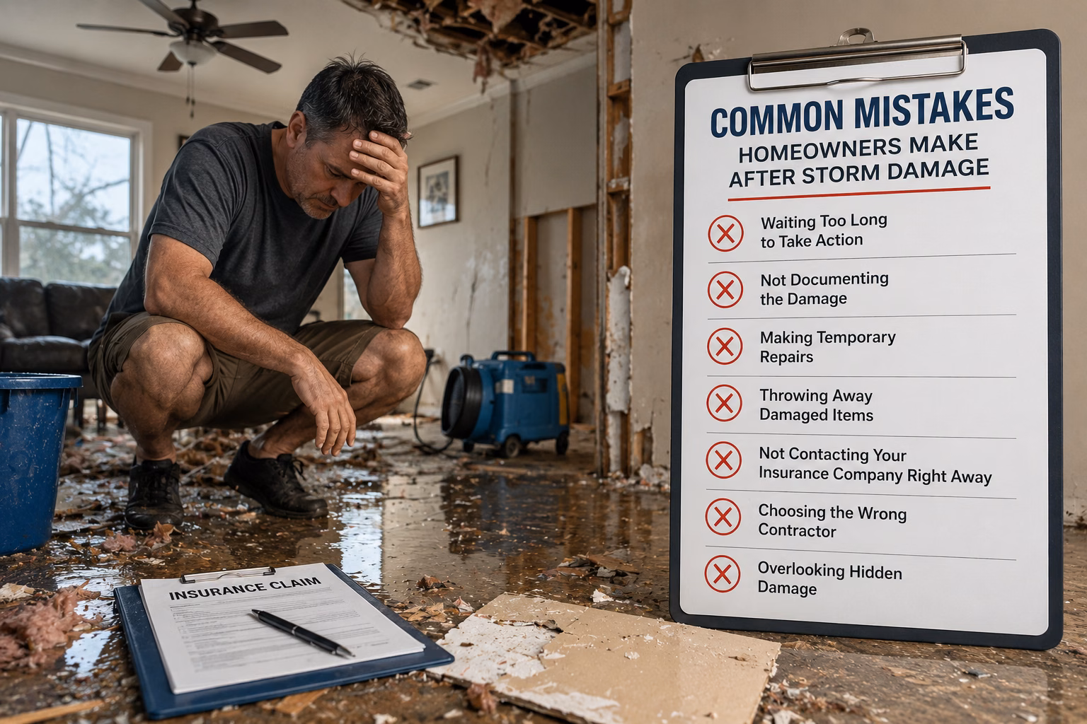 Homeowner inspecting storm damage inside a flooded house with damaged walls, debris, and insurance paperwork, highlighting common mistakes people make after a severe storm.