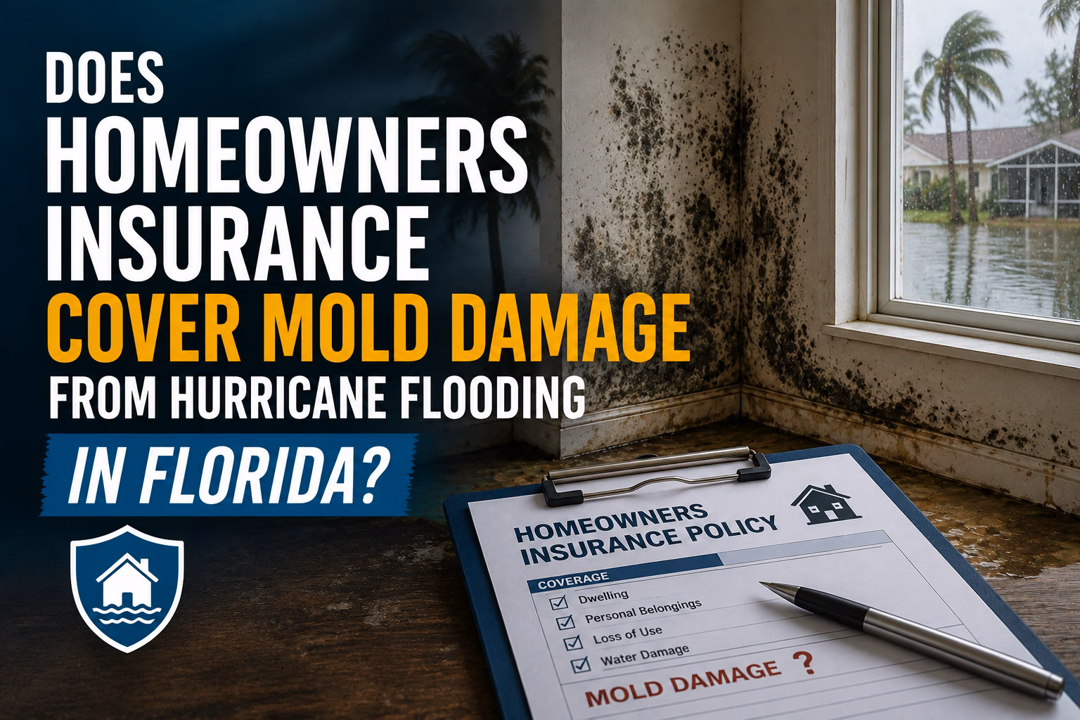 Does Homeowners Insurance Cover Mold Damage From Hurricane Flooding in Florida? featuring mold-covered walls, flood damage inside a Florida home, and a homeowners insurance policy document related to hurricane damage claims.