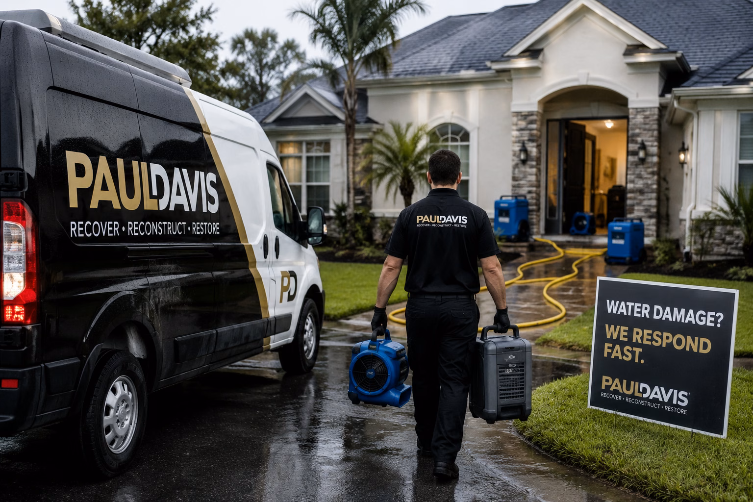 Emergency water restoration near me showing a water damage restoration technician arriving at a home with drying equipment and a service vehicle for rapid emergency response.