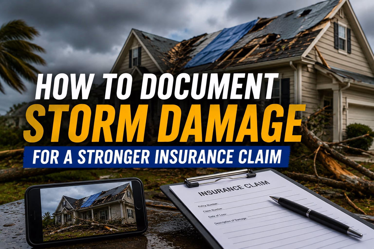 How to Document Storm Damage for a Stronger Insurance Claim with a storm-damaged home, a homeowner photographing the damage, and insurance claim paperwork prepared for documentation.