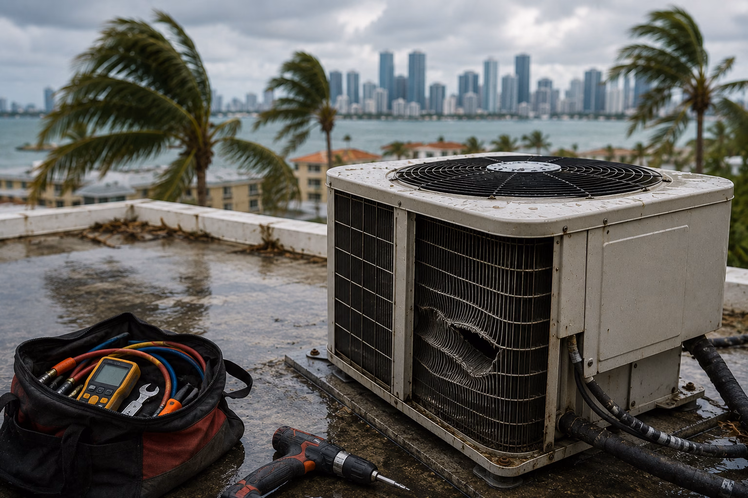 Hurricane HVAC Damage Repair Miami-Dade with a damaged rooftop AC unit and HVAC repair tools after a hurricane.