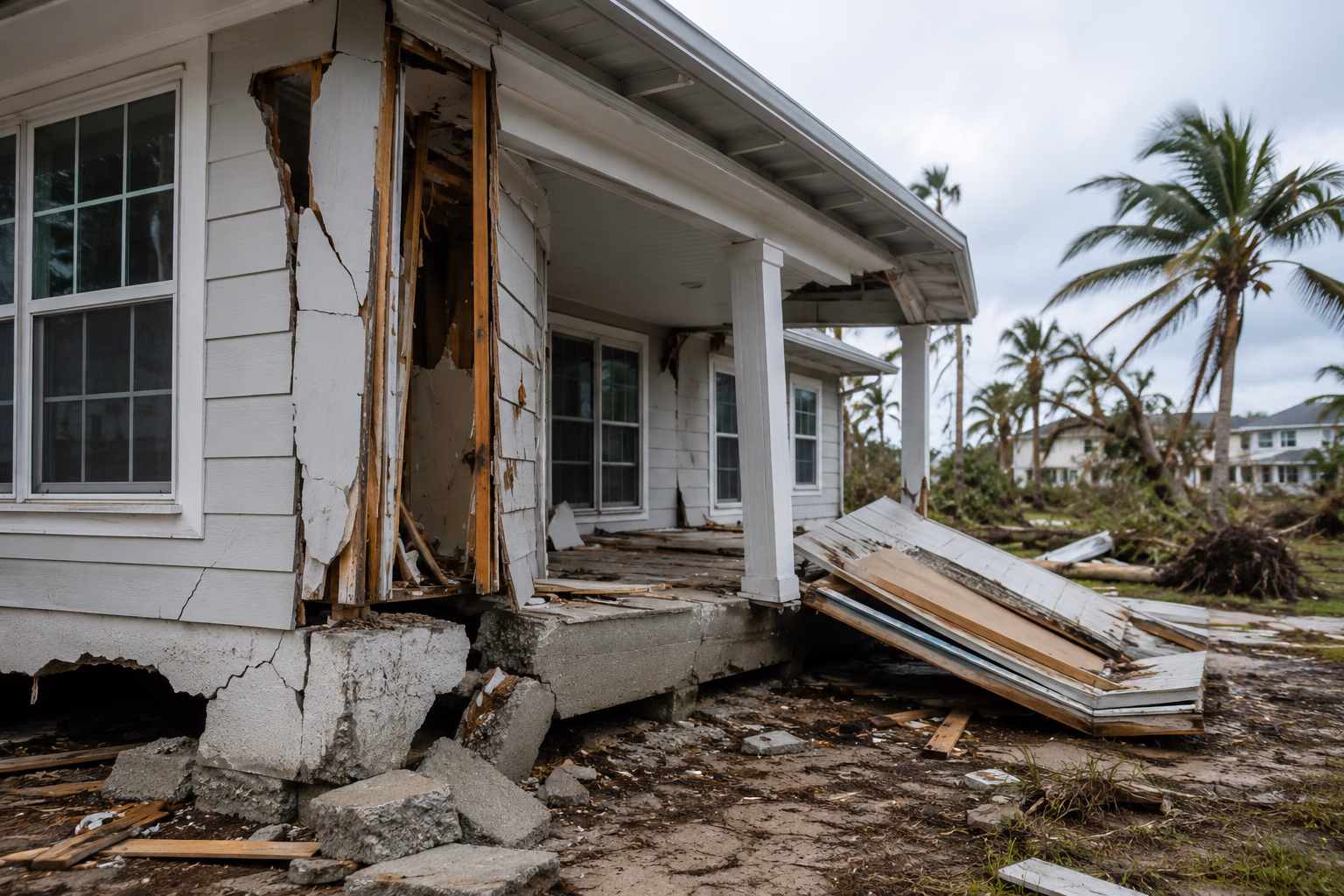 Hurricane Structural Damage Signs showing severe foundation cracks, collapsed porch, damaged exterior walls, and structural failure to a home after a hurricane.