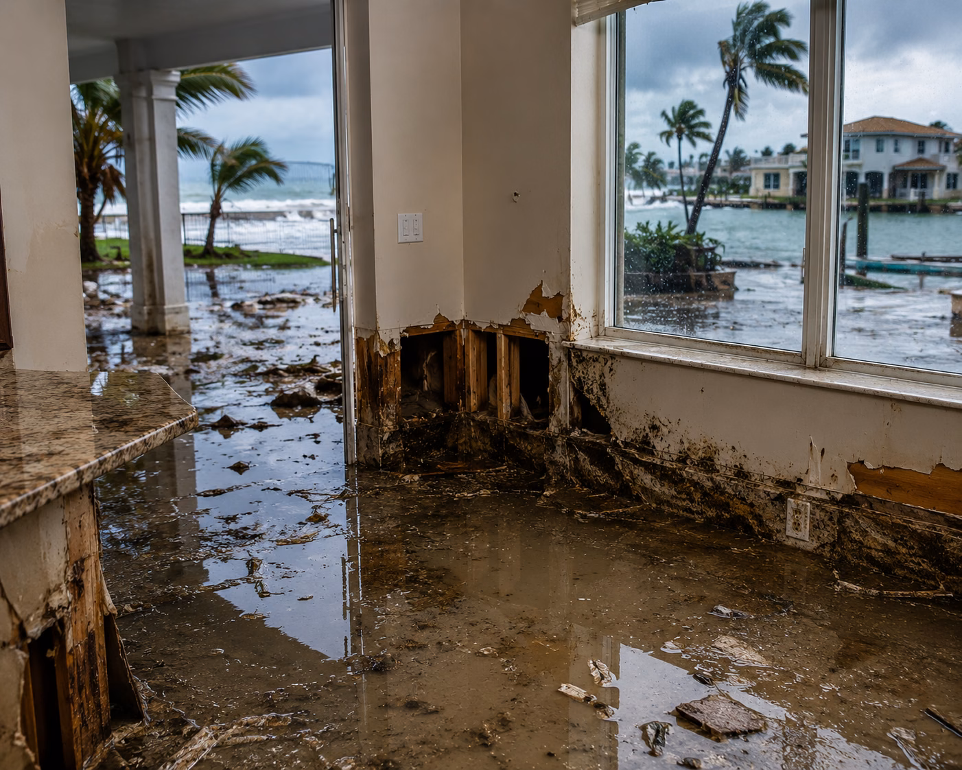 Saltwater Storm Surge Home Damage Miami-Dade featuring a flooded coastal home with water-damaged walls, soaked flooring, and structural damage caused by hurricane storm surge.