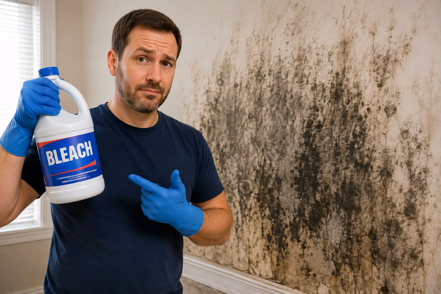 Can You Use Bleach to Remove Mold showing a man wearing protective gloves and holding a bleach bottle while standing in front of a heavily mold-covered wall.