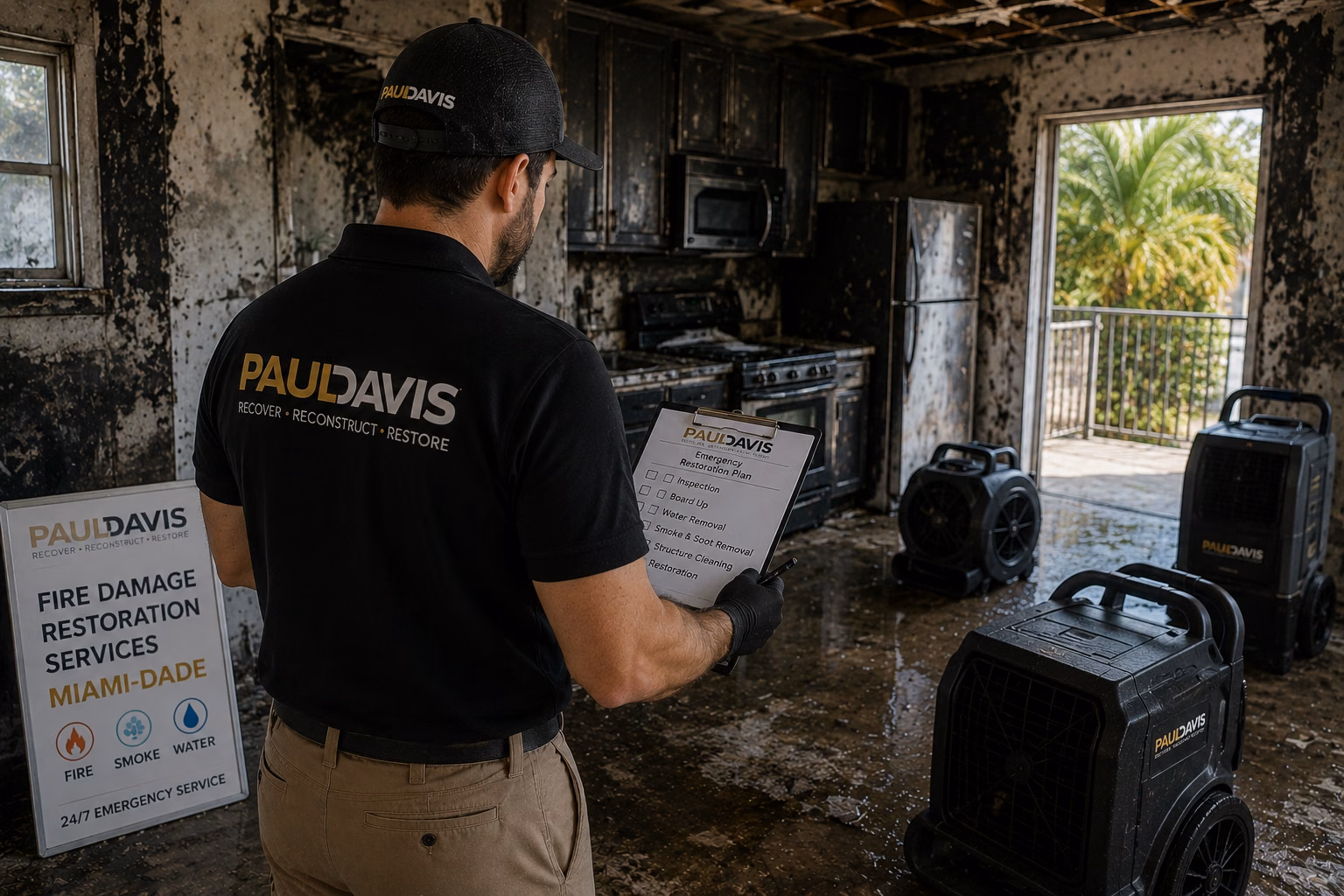 Fire Damage Restoration Services Miami-Dade showing a restoration technician assessing a fire-damaged kitchen with soot-covered walls, charred surfaces, water damage, and professional restoration equipment.